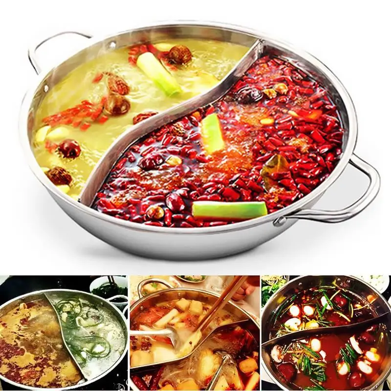 28cm Hot Pot Twin Divided Stainless Steel 28cm Cookware Hot Pot Ruled Compatible Soup Stock Pots Home Kitchen