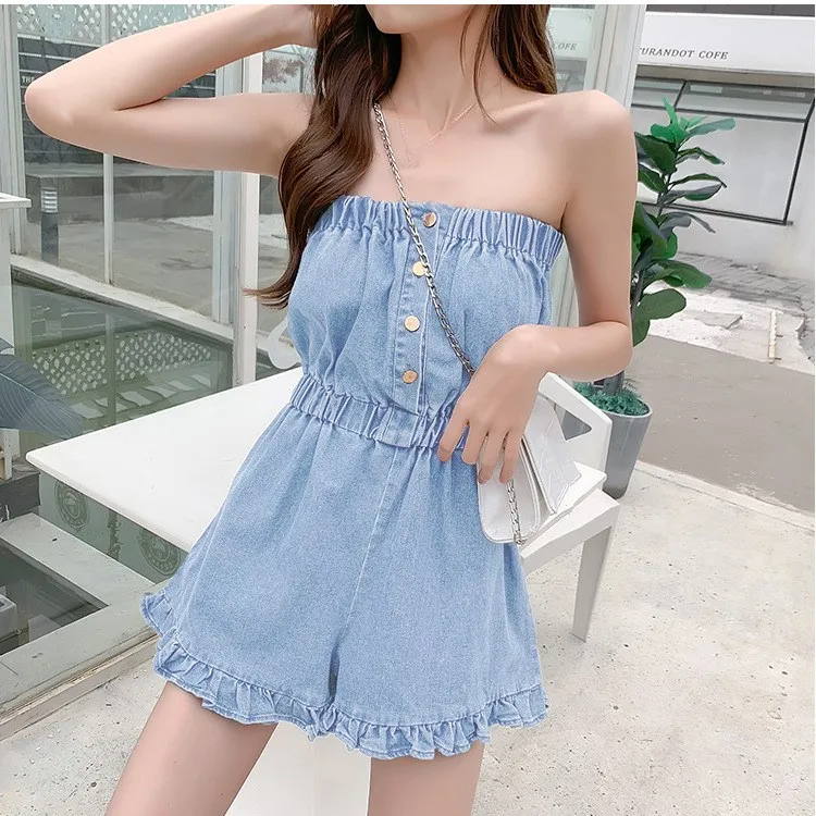 Красивый сексуальный джинсовый комбинезон с вырезом-лодочкой и высокой талией, женский комбинезон без бретелек без рукавов с оборками и широкими штанинами, летние Свободные Комбинезоны