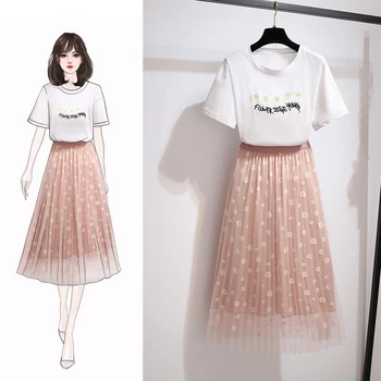 

Sweet Daisy embroidery T-Shirt Pleated Swing Mid-Calf Mesh Skirt Female Two Piece Casual Cute Suit Dress
