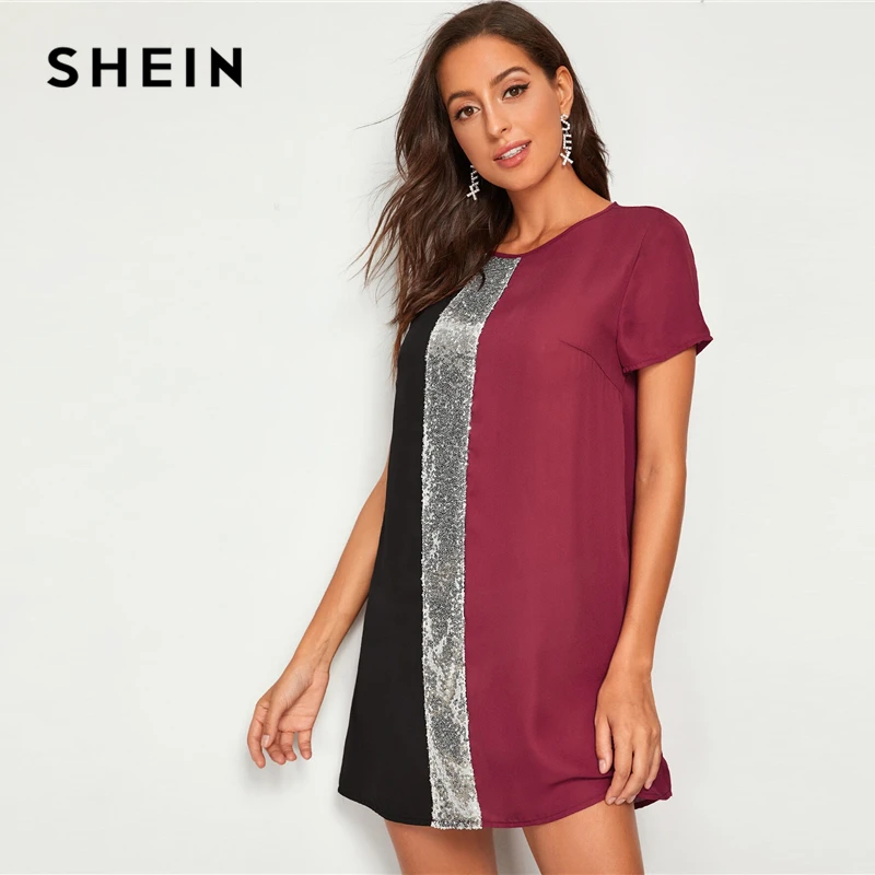 SHEIN, расшитое блестками, Colorblock(цветовой блок), туника короткое платье; Для женщин вырез на спине короткий рукав с круглым вырезом и шорты для женщин прямые свободные Повседневное платья