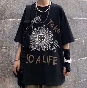 

2020 Summer New Youth Popular Korean Isn Personality Printing Loose Five-point Sleeve T-shirt Fashion Casual Round Neck Pullover