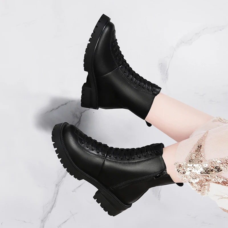Autumn/Winter Women Boots Leather Ankle Boots Round Toe Casucal Women Shoes Short Plush Platform Warm Boots 2-9879
