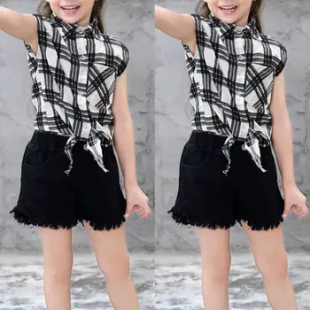 

Pudcoco Toddler Baby Girl Clothes Plaids Sleeveless Shirt Tops Short Pants 2Pcs Outfits Cotton Summer Clothes Set