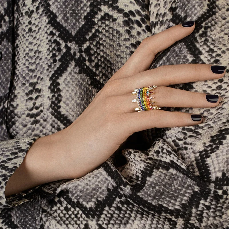 

FASHIONSNOOPS Top Quality Classical Rainbow Color Cubic Zircon Wedding Ring for Women Gold Filled Crystal colorful Cz Ring 2019