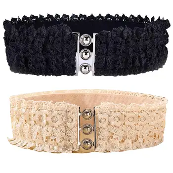 

Fashion Women Floral Lace Elastic Wide Waist Belt Metal Buckle Waistband Cinch