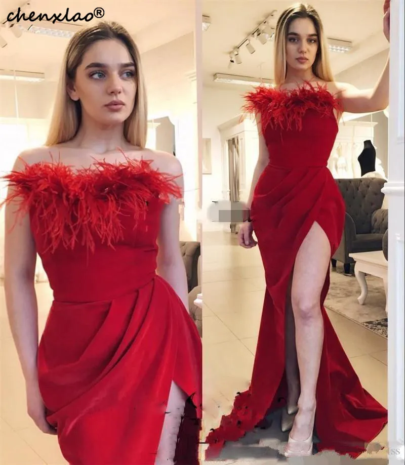 

robe de soiree Evening Dresses Modest Formal Dresses Red Off Shoulder Satin Matte Feather Evening Gowns Elegant Long Custom Made