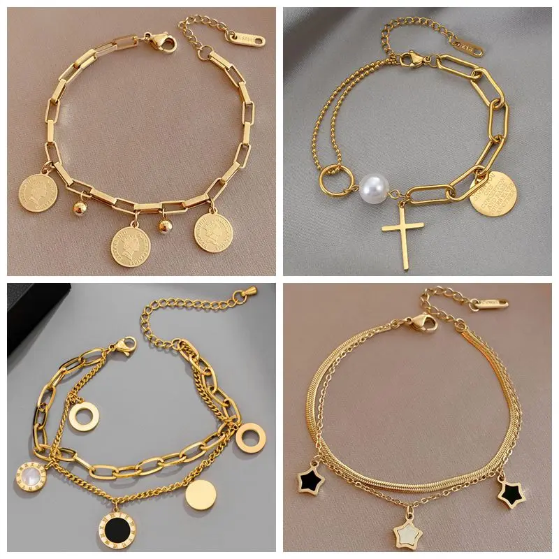 Four different Layered Golden Pendant Womens Bracelet - Coin Cross Pearl with pendant charms.