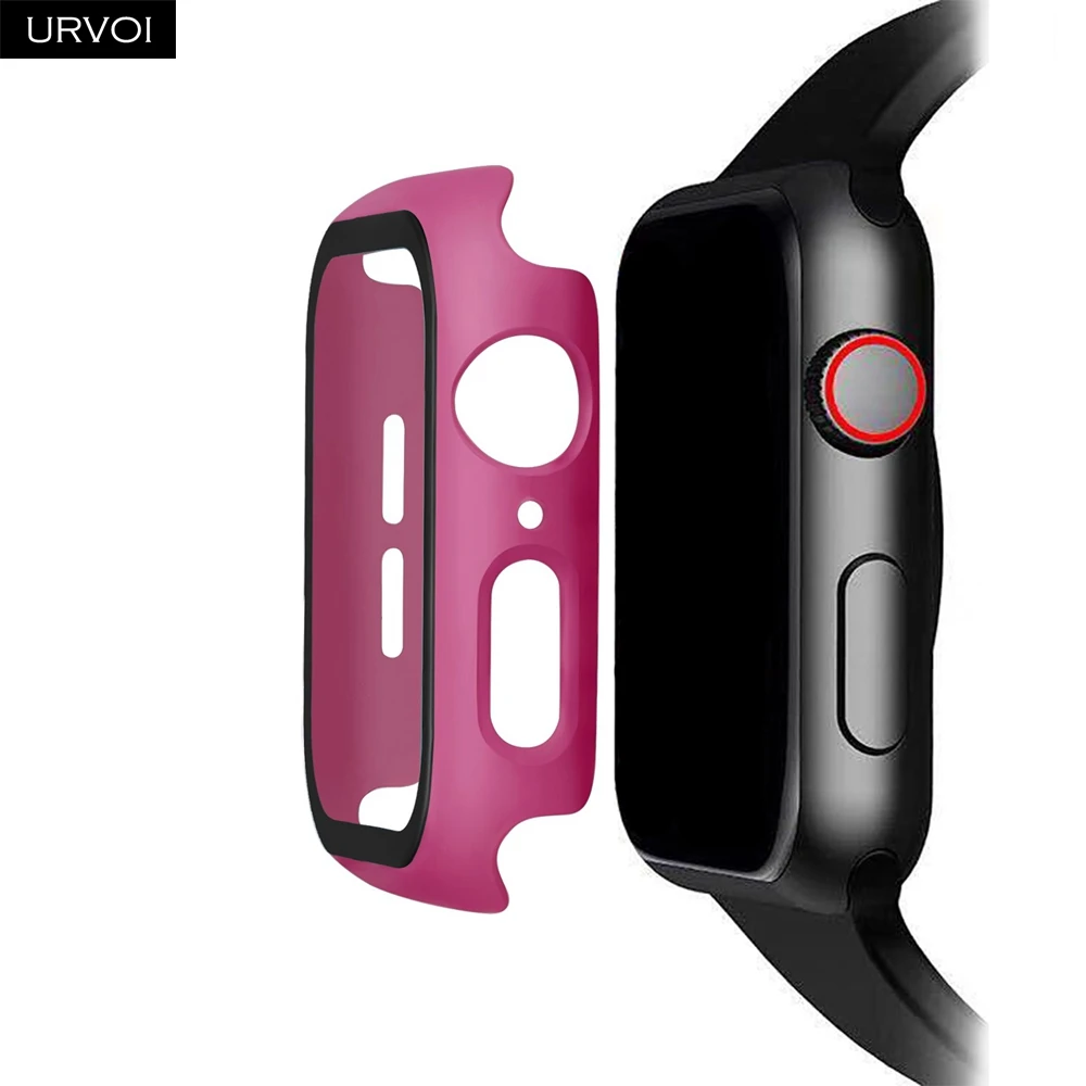 Hot Pink URVOI полное покрытие для Apple Watch series 5 4 3 2 матовый пластиковый бампер жесткий чехол рамка со стеклянной пленкой для iWatch защита экрана - Цвет: Hot Pink