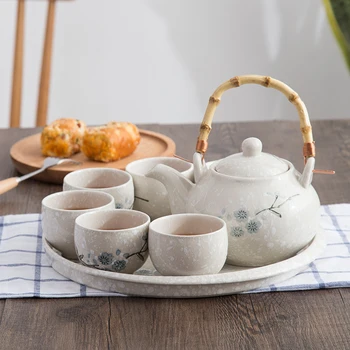 

Snowflake underglaze color Japanese Korean ceramic tea set household simple tea pot six cups plate teaware teapot teacup tray