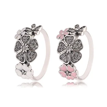 

Authentic S925 Shimmering Bouquet Ring White Pink Enamel Clear CZ For Women Wedding Party fit Lady Fine Jewelry