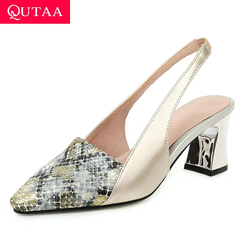 

QUTAA 2020 Snakeskin PU Leather Slingback Sandals Back Strap Summer Ladies Pumps Pointed Toe Square Heel Women Shoes Size 34-43