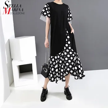 

New 2020 Korean Style Women Summer Apparel Black Dress Dots Printed Patchwork Ladies Vacation Casual Long Dress Vestidos 6115