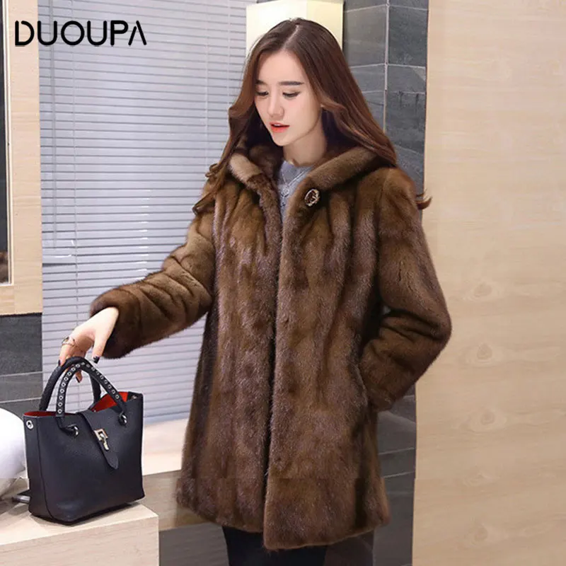 DUOUPA/ новое осенне-зимнее пальто с мехом, Женское пальто из меха норки, плотное теплое пальто с капюшоном и имитацией меха, пальто с рукавами-фонариками, большие размеры 6XL