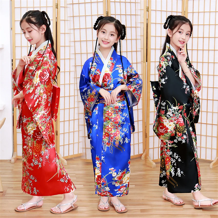 

Children Kimono Traditional Japanese Style Peacock Yukata Dress for Girl Kid Cosplay Japan Haori Costume Asian Clothes Halloween
