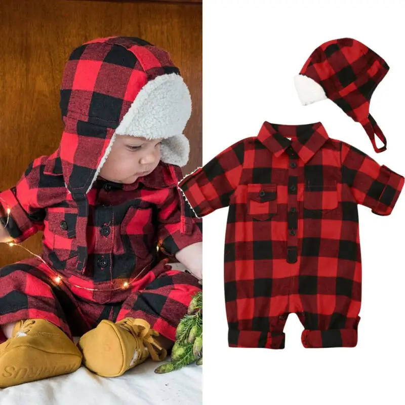 

Newborn Baby Boys Girls Plaid One Piece Rompers Jumpsuits Long Sleeve Toddler Outfits Clothes+Warm Hat