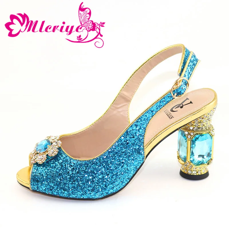 

New Design Sky Blue Color African Slippers Summer High Heels High Quality African High Heels Pumps African Women Wedding Shoes