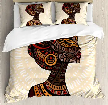 

African Duvet Cover Set Hand Drawn Illustration Profile Portrait Ornaments Folk Art Decorative 3 Piece Bedding Set with 2 Pillow