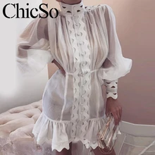 MissyChilli платье с рюшами и длинным рукавом-фонариком, женское элегантное Прозрачное платье-рубашка, зимние вечерние платья, сексуальное короткое белое платье dressfesta