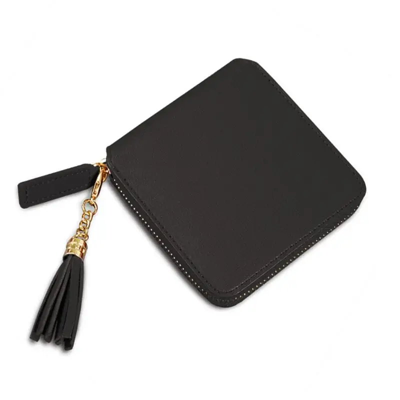 Черный Fashion Leather Short Wallet Tassel Small Change Bag Zipper Wallet Ladies Coin Purse - Цвет: Черный