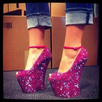 

Luxury Bling Bling Crystal Wedge Shoes Peep Toe Super High Platform Rhinestone Ankle Boot Ankle Strap Height Increasing Pumps