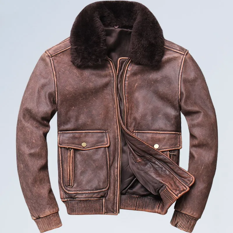 Винтажная коричневая мужская кожаная куртка UASF для пилота, большой размер 5XL, шерстяное пальто с воротником из натуральной толстой воловьей кожи, зимнее пальто в стиле милитари Авиатор - Цвет: color 2
