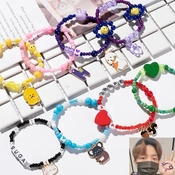 

Kpop Bangtan Boys Bracelet Beads Letter Rope Cartoon Animals V JK SUGA ARMY Resin Bead Anklets Elasticated Rope Trendy Jewelry