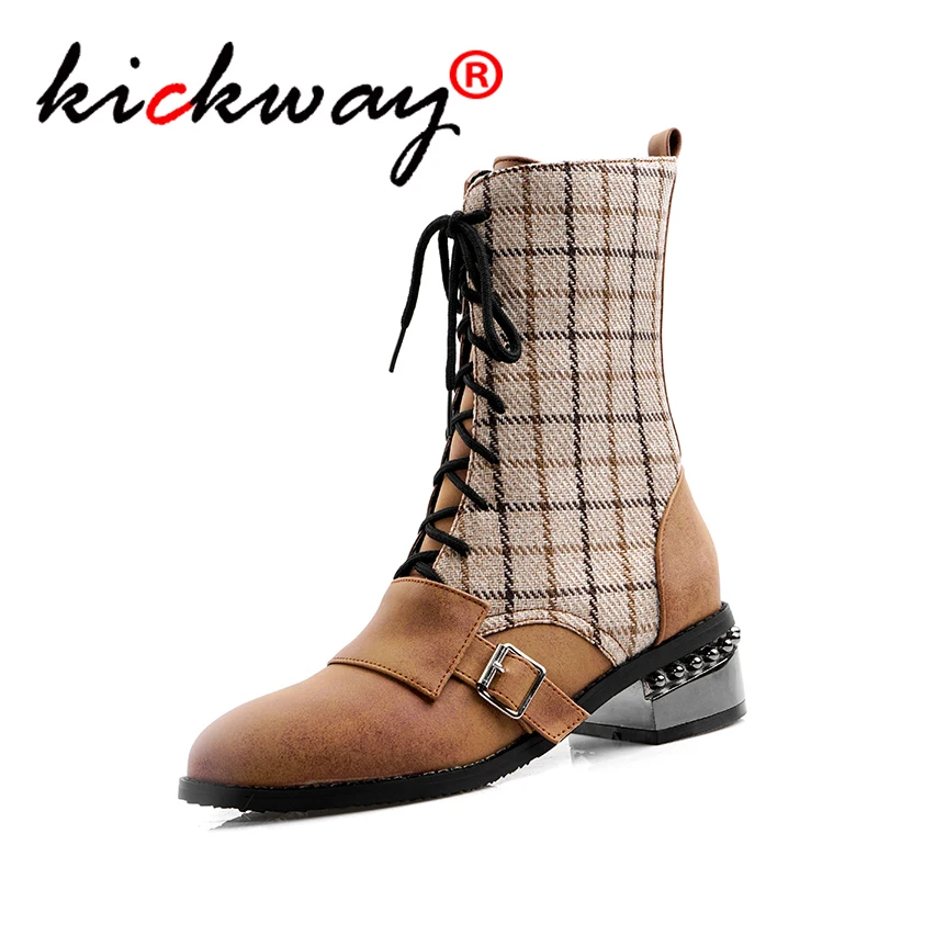 

Autumn Winter Women Ankle Boots Patchwork Mixed Color Riding Western Lace up low Heels Booties Large sizes 14 48 13 Botas Mujer