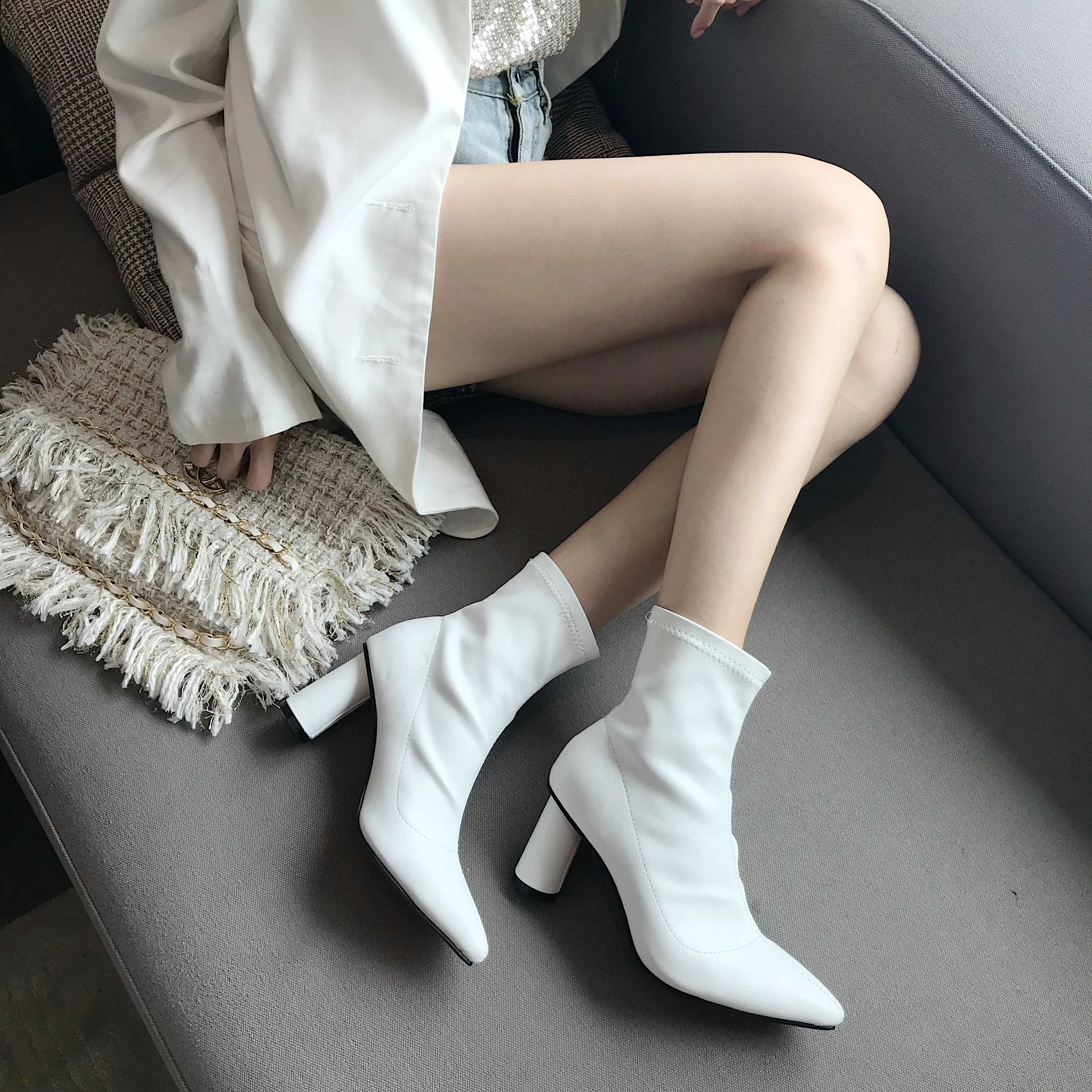 2019 botas blancas a la para mujer botas de elásticos para damas botas de calcetines de punta estrecha tacones altos cuadrados botas de otoño mujer|Botas hasta el tobillo| -