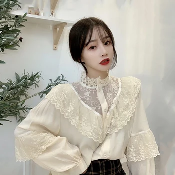 

Spring Loose Women Blouses Sweet Style Korean Clothes Lace Up Ruffles Fashion Brand Ulzzang Stand Shirts Ladies Tops New