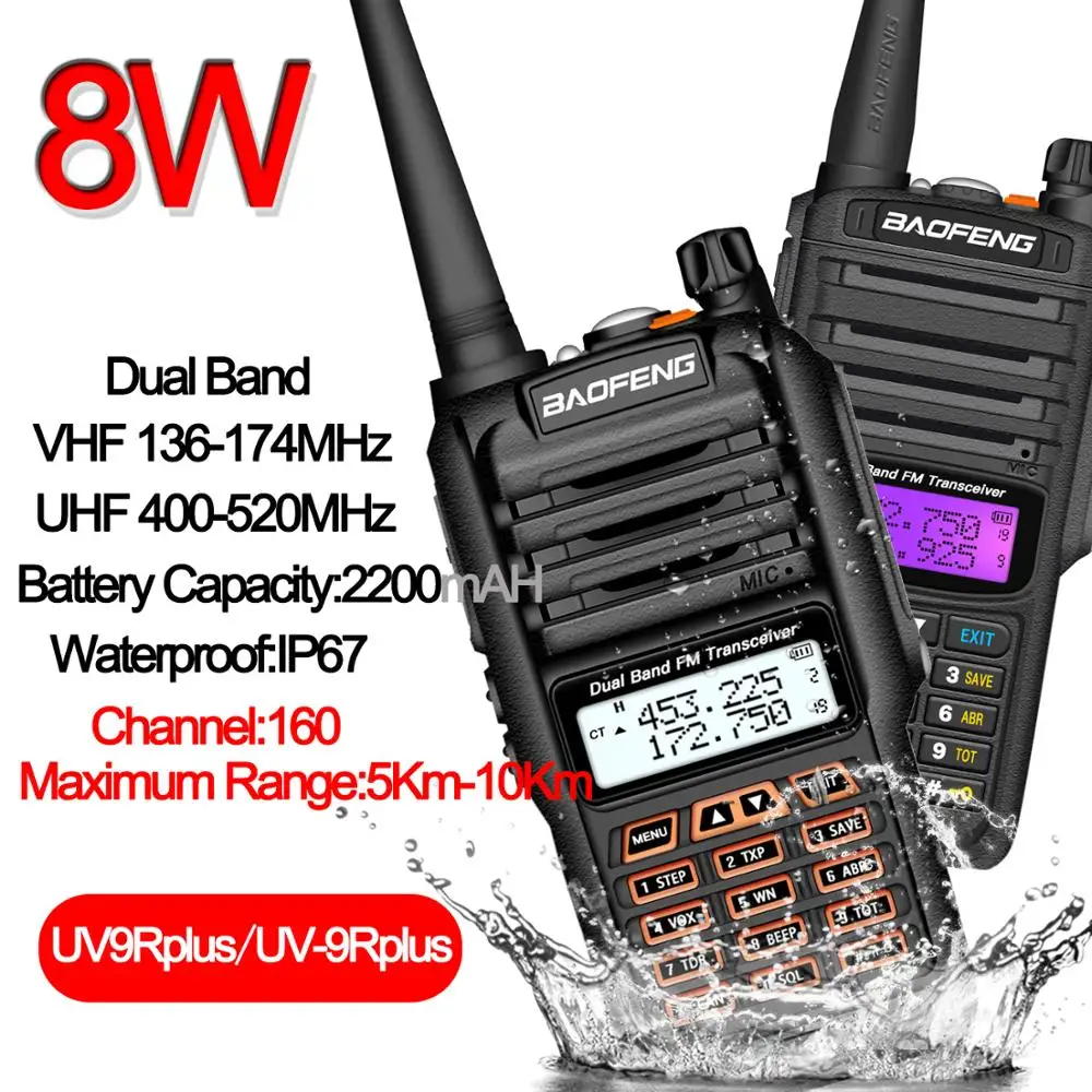 

Walkie Talkie Handheld Waterproof 8 Watts Two Way Radio Dual Band 10km long range UV9R CB Ham portable Radio UV-9R Plus