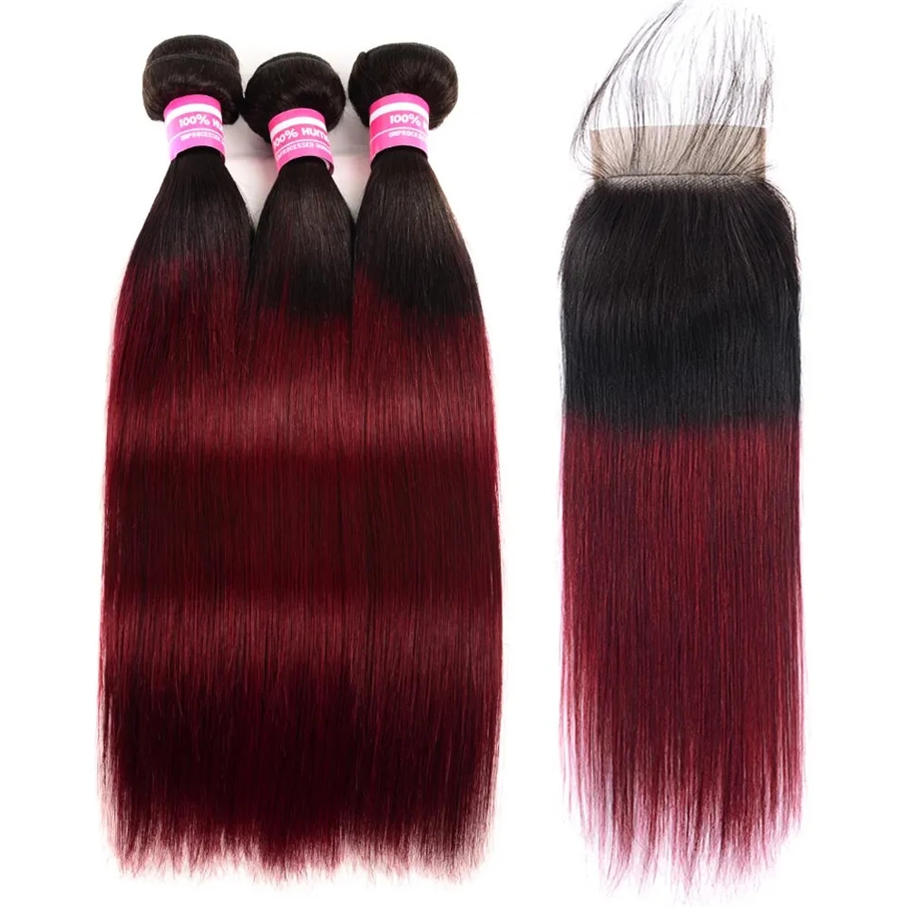 

3/4 Ombre T1B/Burgundy Straight Hair Bundles With Closure 100% Remy Human Hair Extension And Malaysian Hair Bundles With Closure