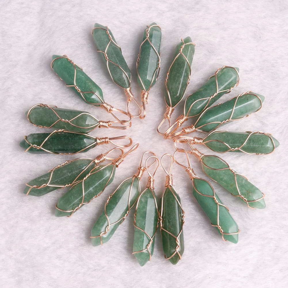 

24PCS Power Point Hexagonal Necklace Pendants Charms Jewelry Natural Aventurine Stone Wire Winding Beads For Jewelry Making