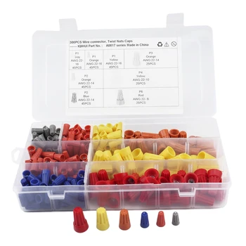

300 PCS Wire Connector Twist on Electrical Nut Spring Cap Easy Twist-On Ribbed Cap Assortment - Grey, Blue, Orange, Yellow, and