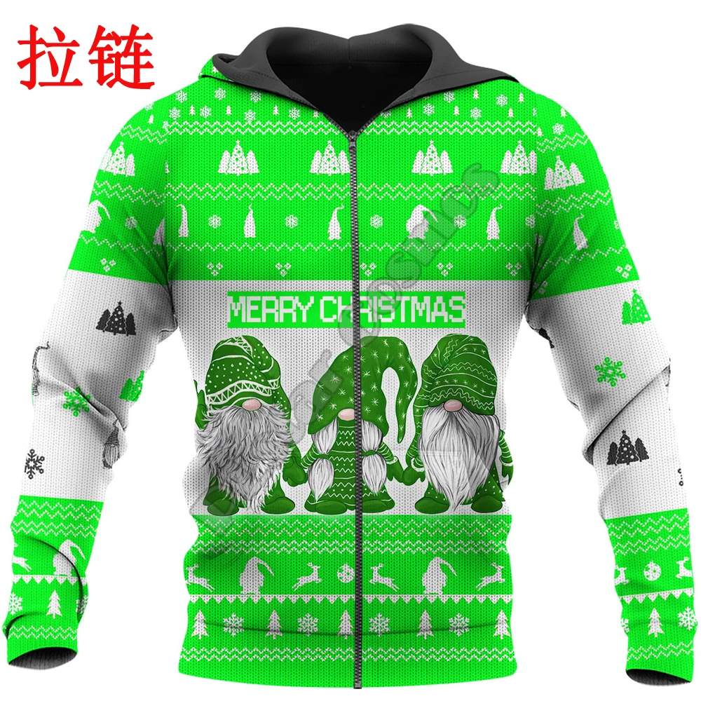 Christmas Green Happy Gnome 3D Printing Men Autumn Hoodie Unisex Casual zipper hoodies Streetwear Jacket Tracksuits DK307