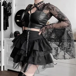 Goth estética rendas até mini saia para mulher escuro academia malha retalhos a linha saia punk estilo festa preto saias