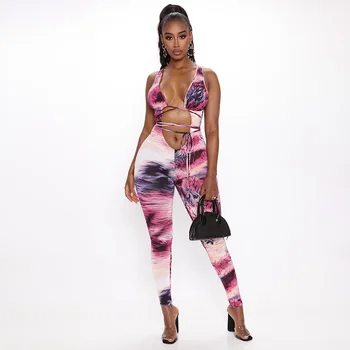 

Casual Women's Tie-Dye Suspender Jumpsuit Wrapped Chest Jumpsuits Sexy Long Pants One Piece Romper Clubwear