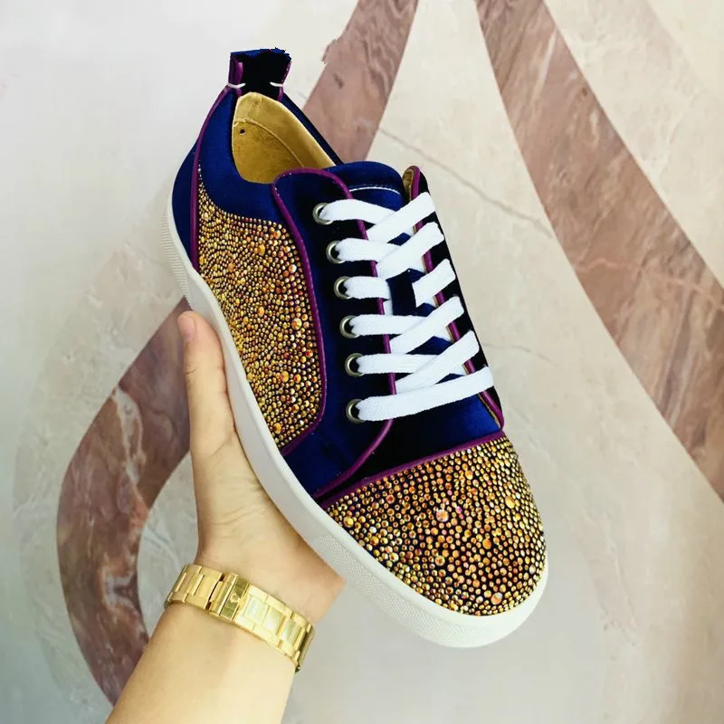 

2019Low red shoes Men's Casual Flats Shoes Crystal Low Top Round Toe Lace Up Leisure Style Designers Mixed Color Chaussures Male