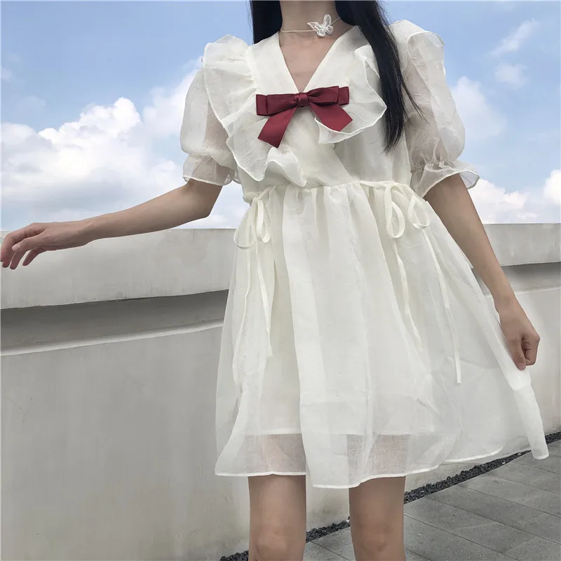 French Summer New Temperament Dress Sweet V-Neck Bow Tender Girl Puff Sleeve Dress Sweet Bandage Bow Women Party Bud Dresses
