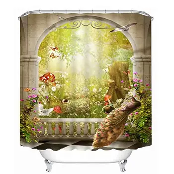 

Colored Flowers Trees Peacock Waterproof Shower Curtain - Polyester Bathroom Shower Screen Set - 66" X 72"