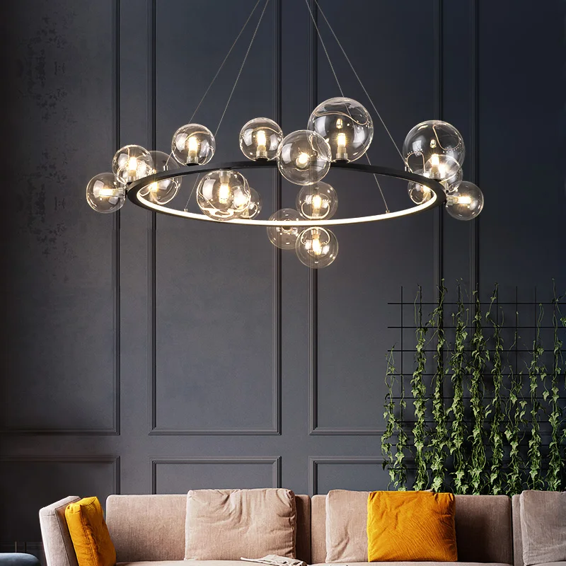 Modern LED glass ball Chandelier Nordic Living Room Deco Light Dining Room Bedroom Lighting Gold/black/silver Round Hanging lamp