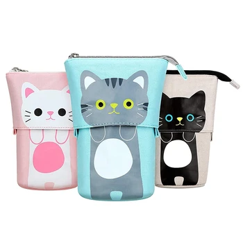 

3Pcs Stand Store Pencil Holder Canvas Cute Cat Telescopic Pencil Organizer Pencil Pouch Makeup Bag Stationery Case