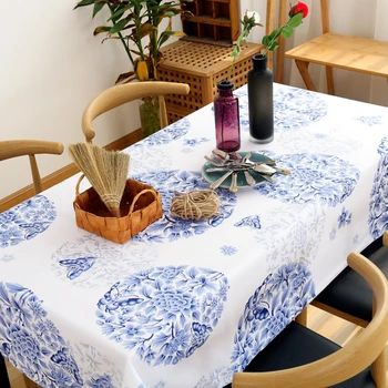 

Chinese blue-and-white porcelain tablecloth classical cotton linen white background round table cloth cabinet coffee table