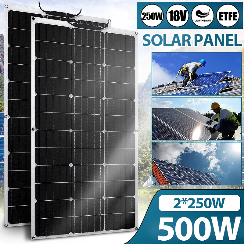 250W 500W 18V Solar Panel ETFE Solar Cell Charger High Efficiency for Smartphone Battery Charger Connector Car RV Boat Camping