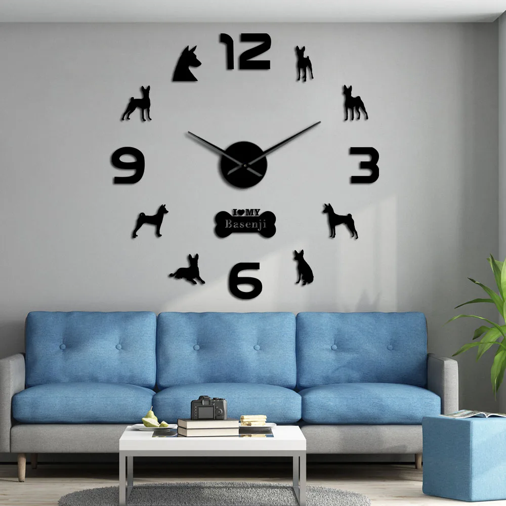 Basenji African Bush Dog Large DIY Wall Clock Barkless Doggie Ango Angari Congo Zande Puppy Pet Wall Stickers Watch Living Room