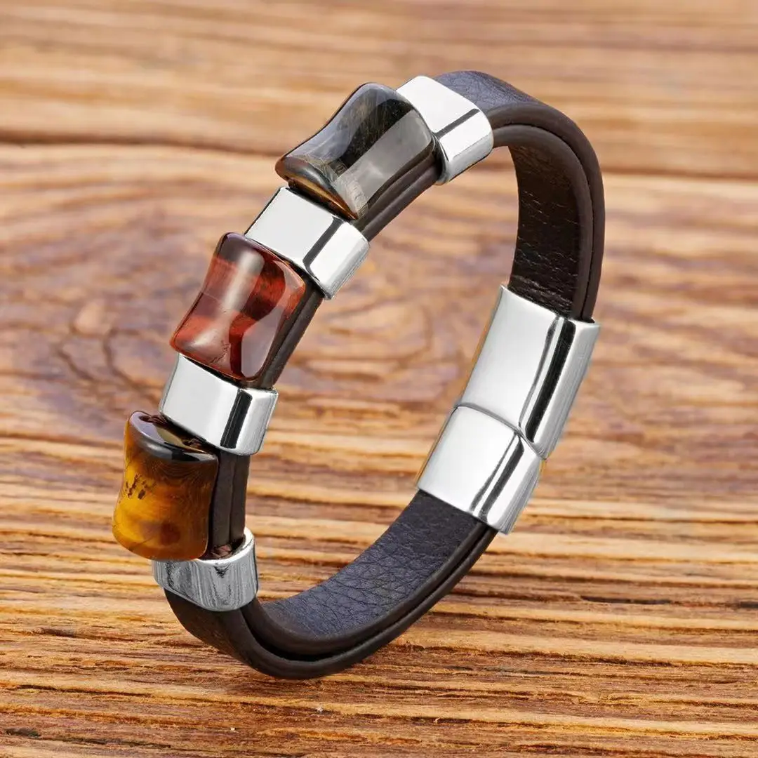 Men's Bracelet Tiger's Eye Leather Rope Stainless Steel bracelet jewelry