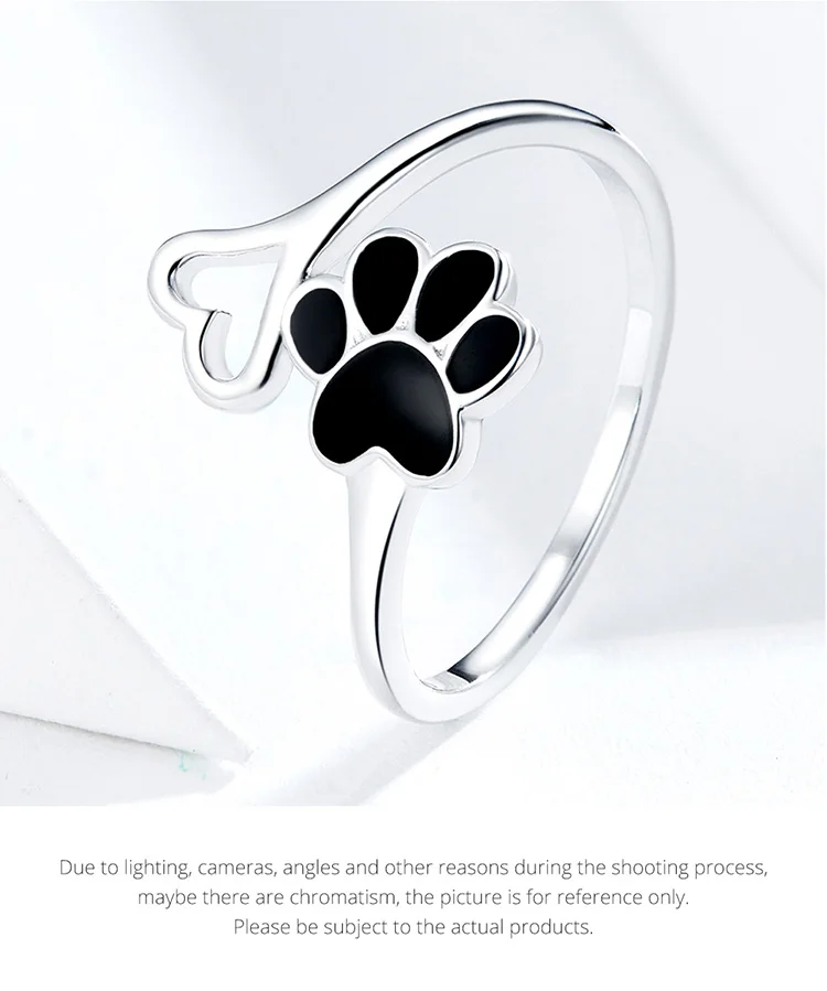 Sterling Silver Paw Dog Footprint Heart Rings Black Enamel Adjustable - PeticaDeals