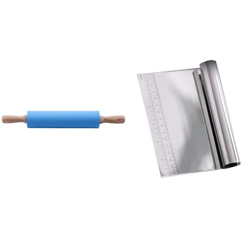 

1Pcs Stainless Steel Pizza Dough Scraper Cutter Kitchen Flour & Non Stick Wooden Silicone Rolling Pin Silicone (Blue)