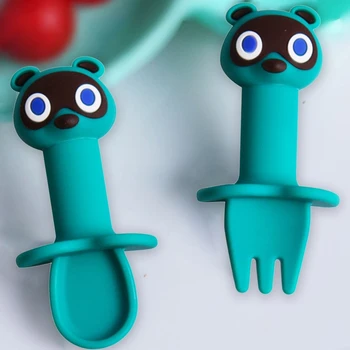 

2Pcs/Set Detachable Baby Spoon Fork Set Cartoon Silicone Teether Toys Anti-slip Feeding Training Utensils Learning Tableware