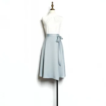 

Women vintage satin skirt ribbon belt slit skirt back wait has elastic tape