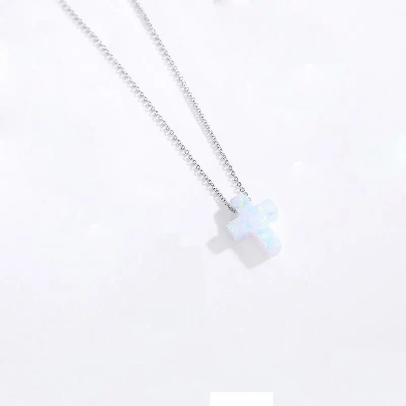 Ожерелье TONGZHE с опалом, серебряное 925 пробы, женское ожерелье с голубым крестом, ожерелье с подвеской в виде Иисуса из синтетического опала для женщин и 30 - Окраска металла: white cable chain
